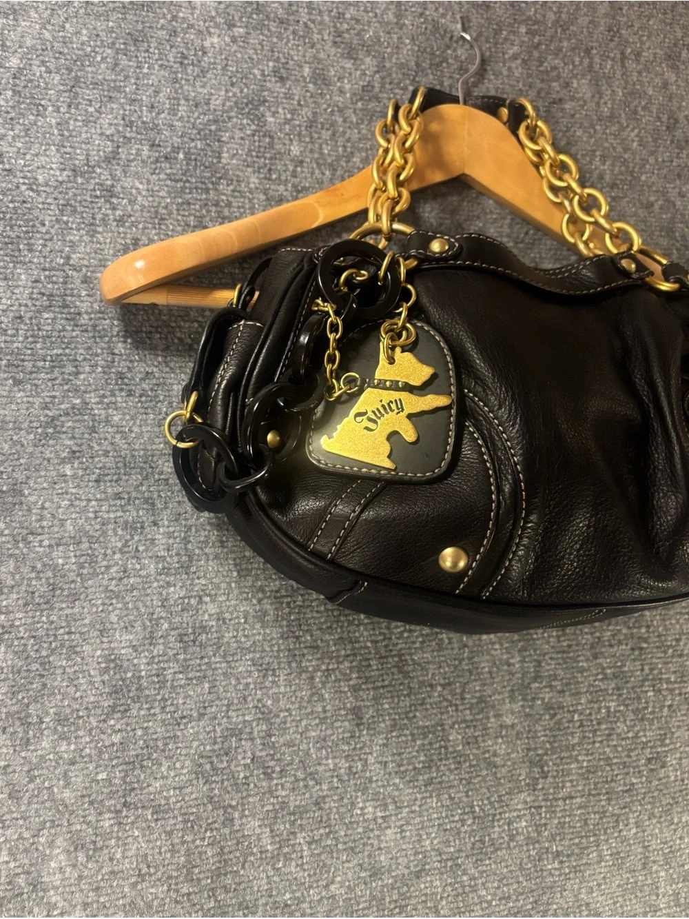 RARE Juicy Couture Y2K Scottie Tag Charm Leather Shoulder Bag Black